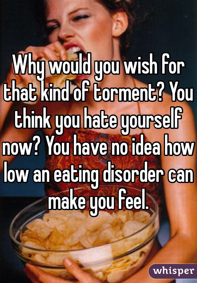 Why would you wish for that kind of torment? You think you hate yourself now? You have no idea how low an eating disorder can make you feel. 