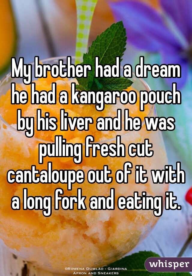 My brother had a dream he had a kangaroo pouch by his liver and he was pulling fresh cut cantaloupe out of it with a long fork and eating it.