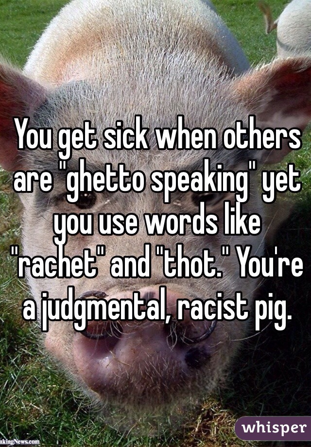 You get sick when others are "ghetto speaking" yet you use words like "rachet" and "thot." You're a judgmental, racist pig.