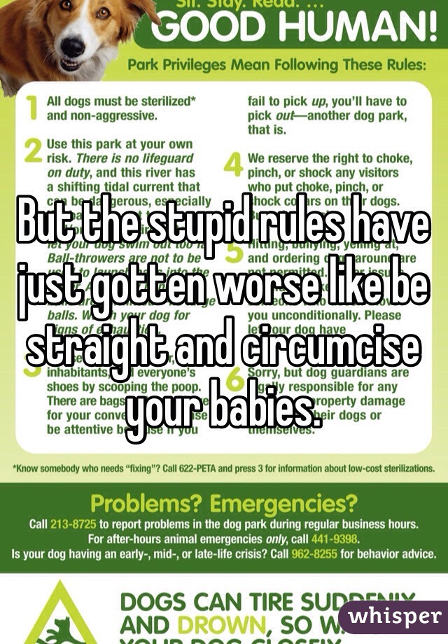 But the stupid rules have just gotten worse like be straight and circumcise your babies.