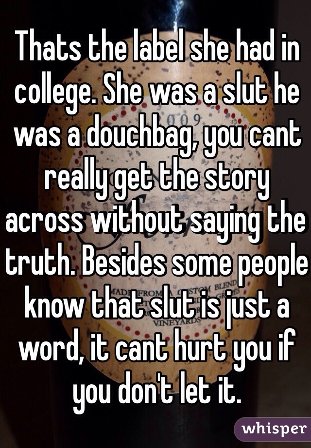 Thats the label she had in college. She was a slut he was a douchbag, you cant really get the story across without saying the truth. Besides some people know that slut is just a word, it cant hurt you if you don't let it.