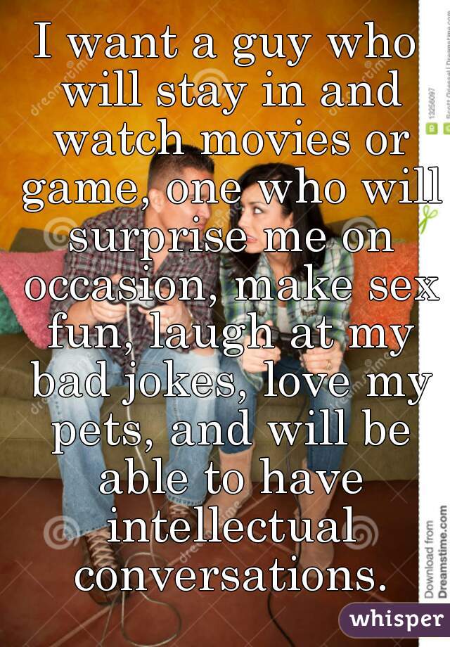 I want a guy who will stay in and watch movies or game, one who will surprise me on occasion, make sex fun, laugh at my bad jokes, love my pets, and will be able to have intellectual conversations.