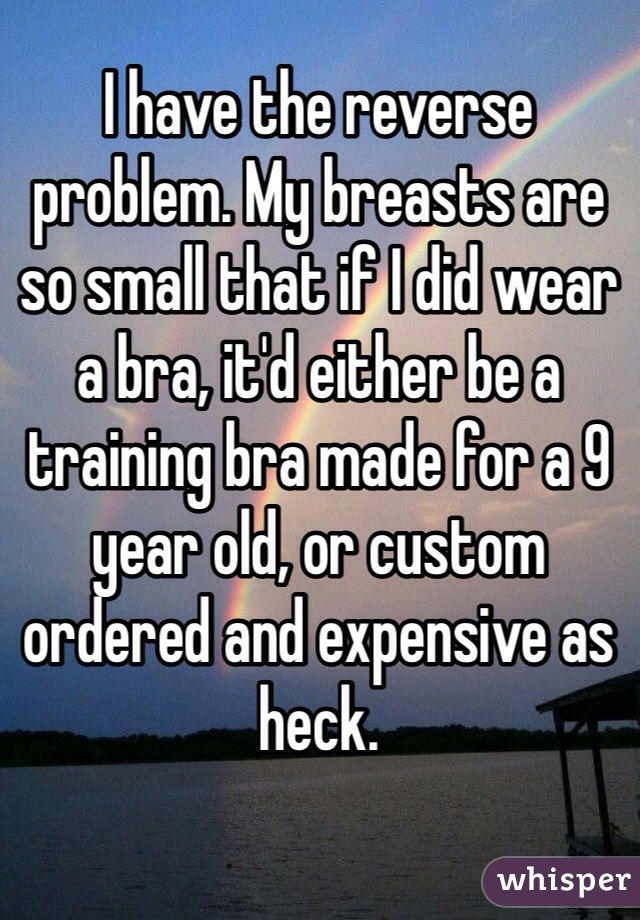 I have the reverse problem. My breasts are so small that if I did wear a bra, it'd either be a training bra made for a 9 year old, or custom ordered and expensive as heck.