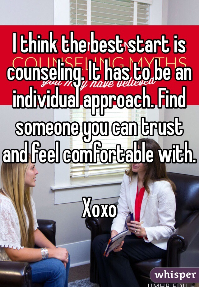 I think the best start is counseling. It has to be an individual approach. Find someone you can trust and feel comfortable with.

Xoxo