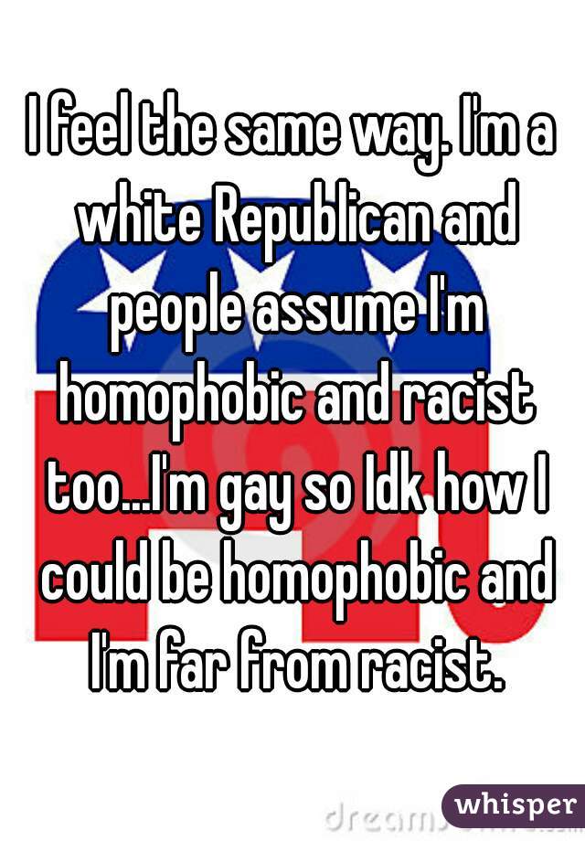 I feel the same way. I'm a white Republican and people assume I'm homophobic and racist too...I'm gay so Idk how I could be homophobic and I'm far from racist.