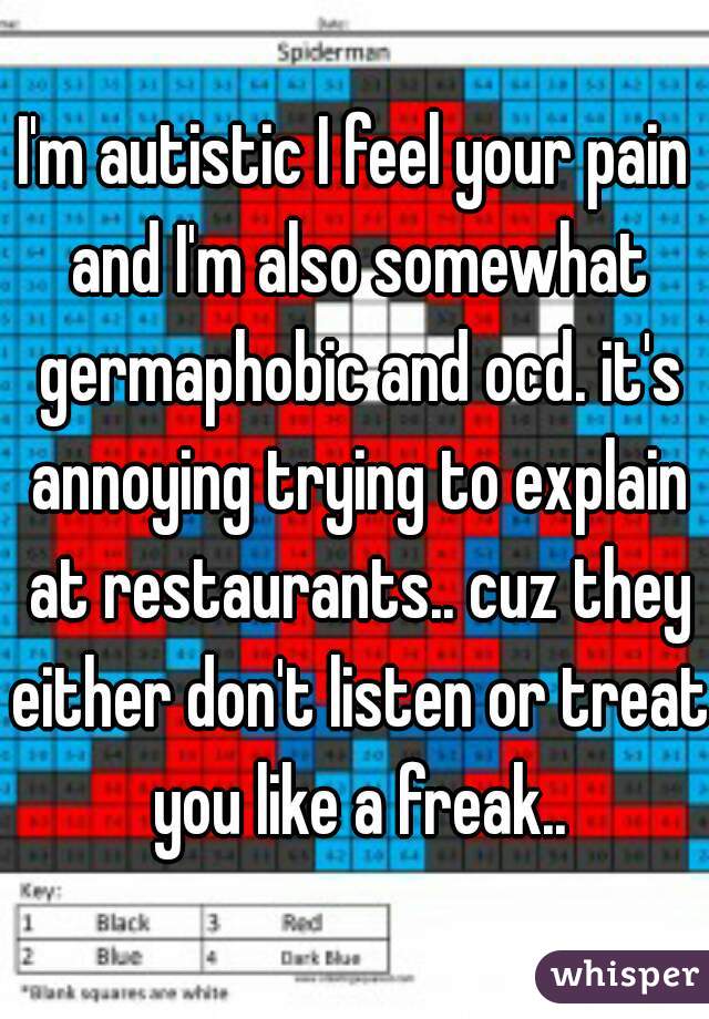 I'm autistic I feel your pain and I'm also somewhat germaphobic and ocd. it's annoying trying to explain at restaurants.. cuz they either don't listen or treat you like a freak..