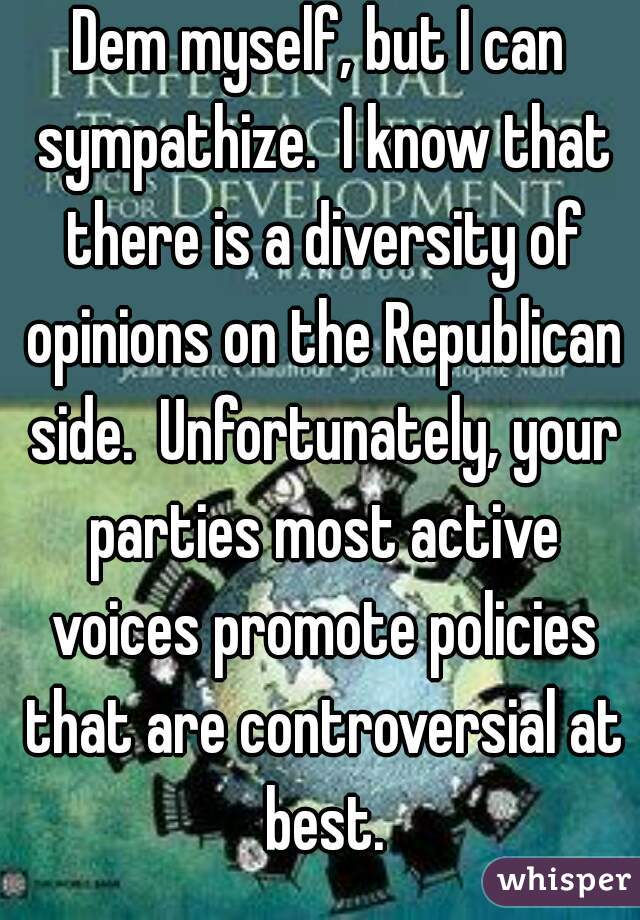 Dem myself, but I can sympathize.  I know that there is a diversity of opinions on the Republican side.  Unfortunately, your parties most active voices promote policies that are controversial at best.