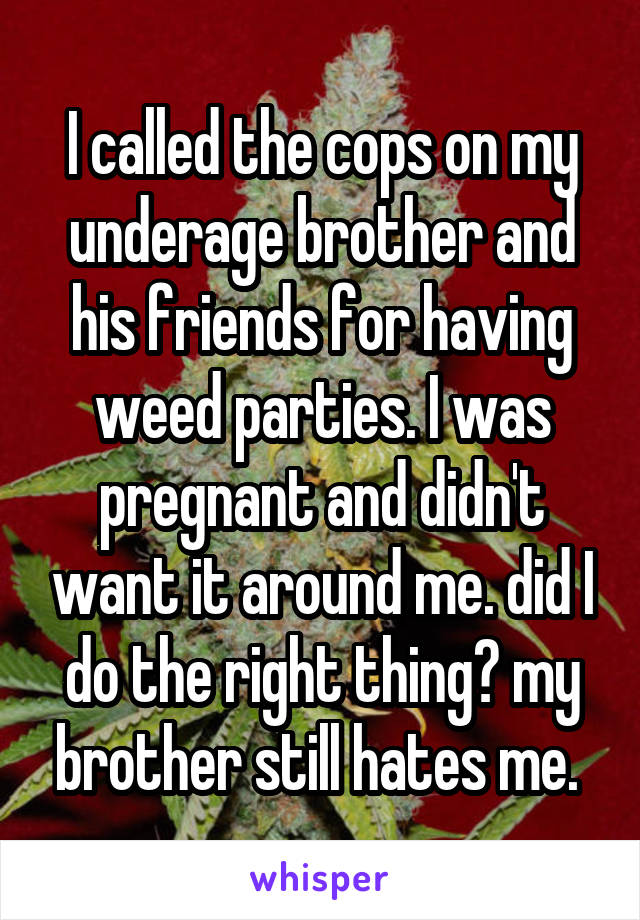 I called the cops on my underage brother and his friends for having weed parties. I was pregnant and didn't want it around me. did I do the right thing? my brother still hates me. 