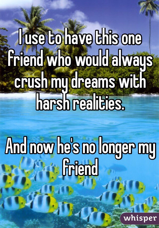 I use to have this one friend who would always crush my dreams with harsh realities.

And now he's no longer my friend 
