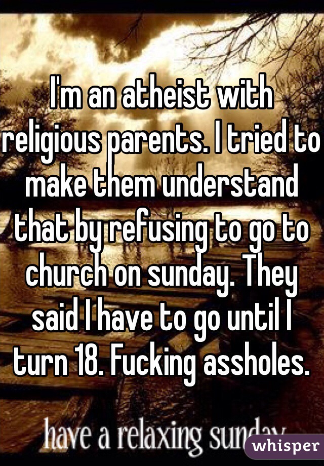 I'm an atheist with religious parents. I tried to make them understand that by refusing to go to church on sunday. They said I have to go until I turn 18. Fucking assholes.