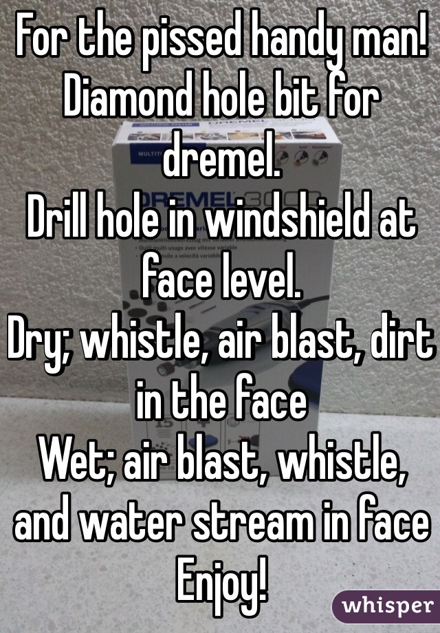 For the pissed handy man!
Diamond hole bit for dremel.
Drill hole in windshield at face level. 
Dry; whistle, air blast, dirt in the face
Wet; air blast, whistle, and water stream in face
Enjoy! 
