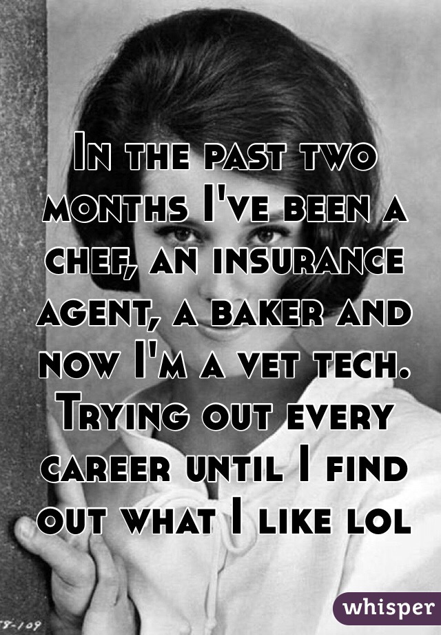 In the past two months I've been a chef, an insurance agent, a baker and now I'm a vet tech. Trying out every career until I find out what I like lol 