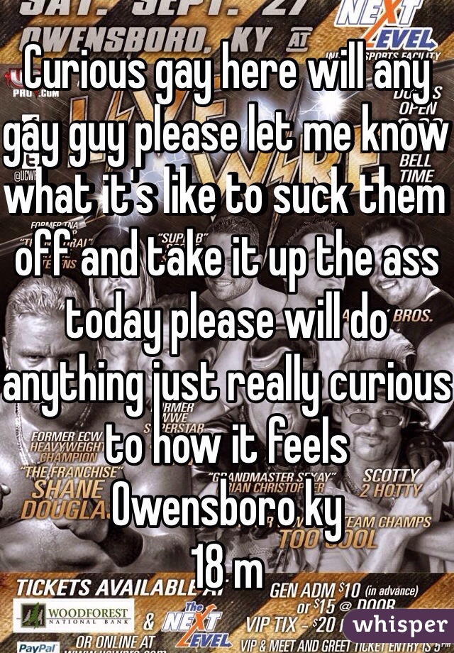 Curious gay here will any gay guy please let me know what it's like to suck them off and take it up the ass today please will do anything just really curious to how it feels 
Owensboro ky 
18 m