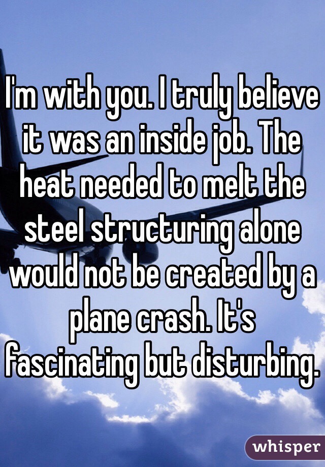 I'm with you. I truly believe it was an inside job. The heat needed to melt the steel structuring alone would not be created by a plane crash. It's fascinating but disturbing. 