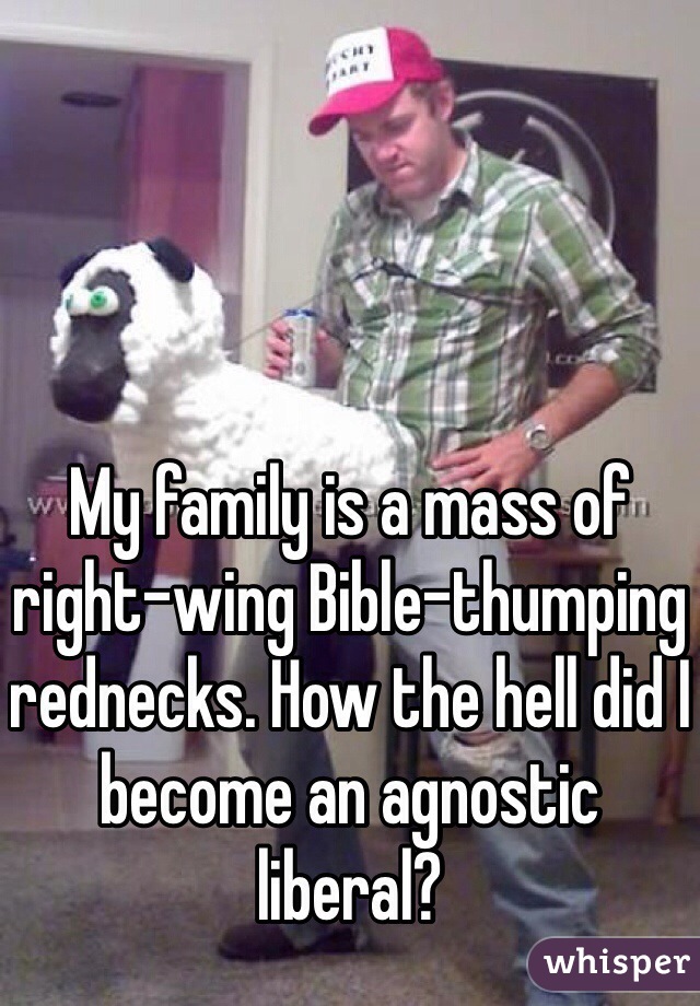 My family is a mass of right-wing Bible-thumping rednecks. How the hell did I become an agnostic liberal?