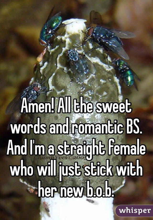 Amen! All the sweet words and romantic BS. 
And I'm a straight female who will just stick with her new b.o.b. 