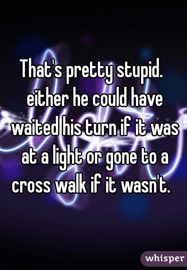 That's pretty stupid.  either he could have waited his turn if it was at a light or gone to a cross walk if it wasn't.  