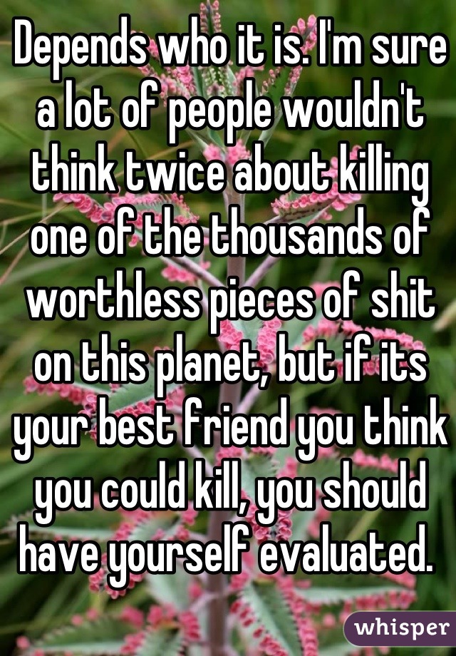 Depends who it is. I'm sure a lot of people wouldn't think twice about killing one of the thousands of worthless pieces of shit on this planet, but if its your best friend you think you could kill, you should have yourself evaluated. 