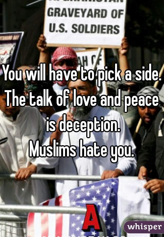 You will have to pick a side.

The talk of love and peace is deception.

Muslims hate you.