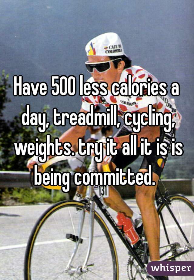 Have 500 less calories a day, treadmill, cycling, weights. try it all it is is being committed.  