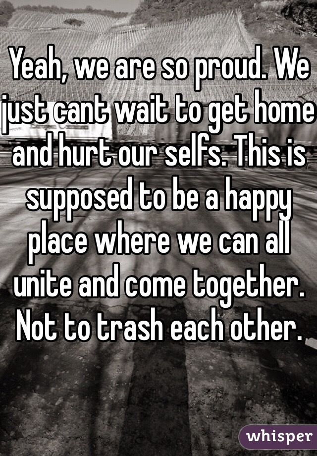 Yeah, we are so proud. We just cant wait to get home and hurt our selfs. This is supposed to be a happy place where we can all unite and come together. Not to trash each other.