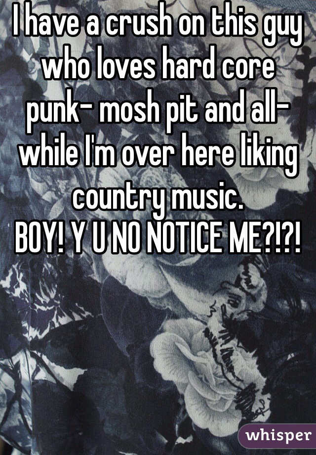 I have a crush on this guy who loves hard core punk- mosh pit and all- while I'm over here liking country music. 
BOY! Y U NO NOTICE ME?!?!