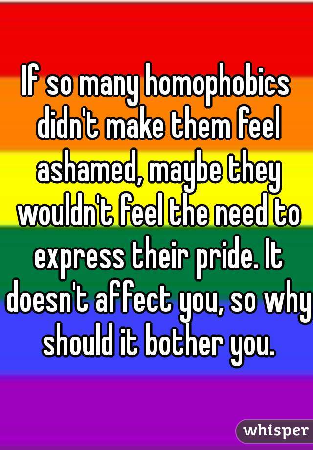 If so many homophobics didn't make them feel ashamed, maybe they wouldn't feel the need to express their pride. It doesn't affect you, so why should it bother you.