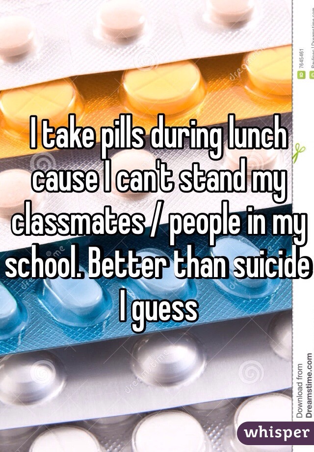 I take pills during lunch cause I can't stand my classmates / people in my school. Better than suicide I guess