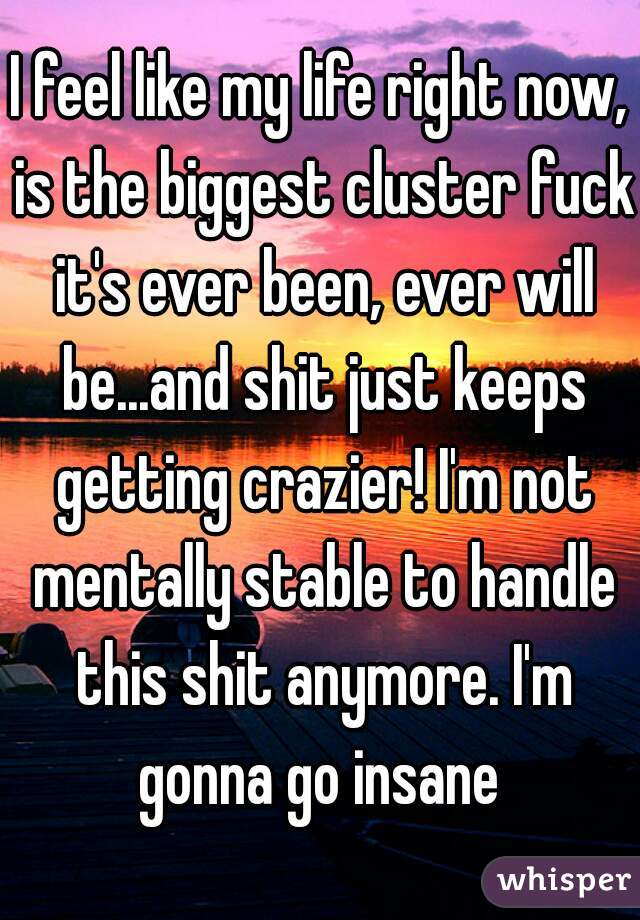 I feel like my life right now, is the biggest cluster fuck it's ever been, ever will be...and shit just keeps getting crazier! I'm not mentally stable to handle this shit anymore. I'm gonna go insane 