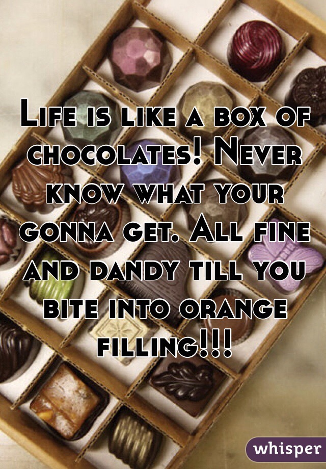 Life is like a box of chocolates! Never know what your gonna get. All fine and dandy till you bite into orange filling!!! 