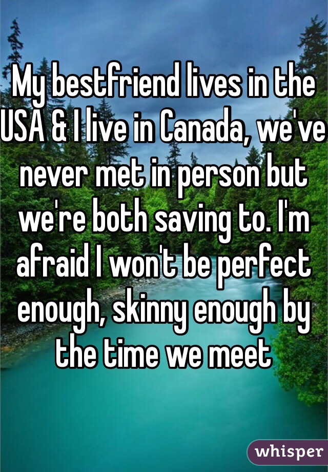 My bestfriend lives in the USA & I live in Canada, we've never met in person but we're both saving to. I'm afraid I won't be perfect enough, skinny enough by the time we meet 