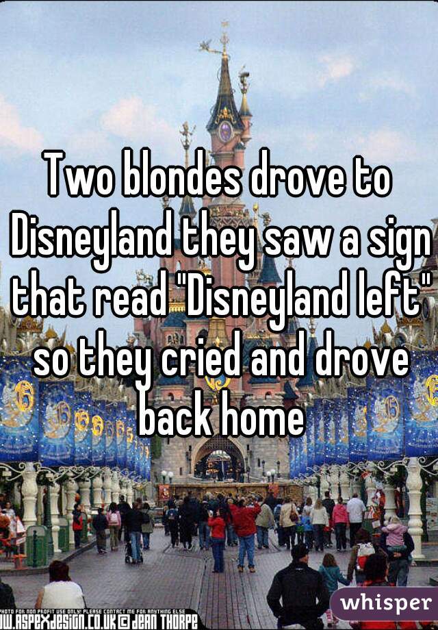 Two blondes drove to Disneyland they saw a sign that read "Disneyland left" so they cried and drove back home