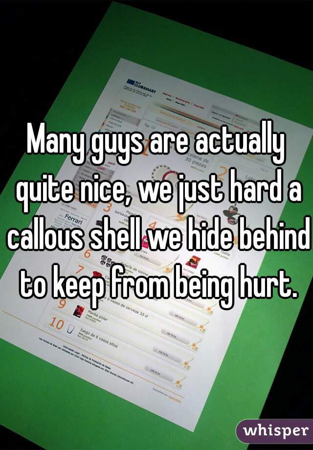 Many guys are actually quite nice, we just hard a callous shell we hide behind to keep from being hurt.