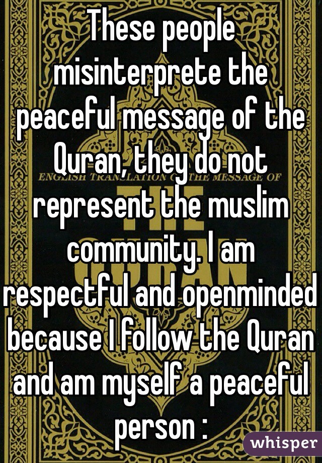 These people misinterprete the peaceful message of the Quran, they do not represent the muslim community. I am respectful and openminded because I follow the Quran and am myself a peaceful person :
