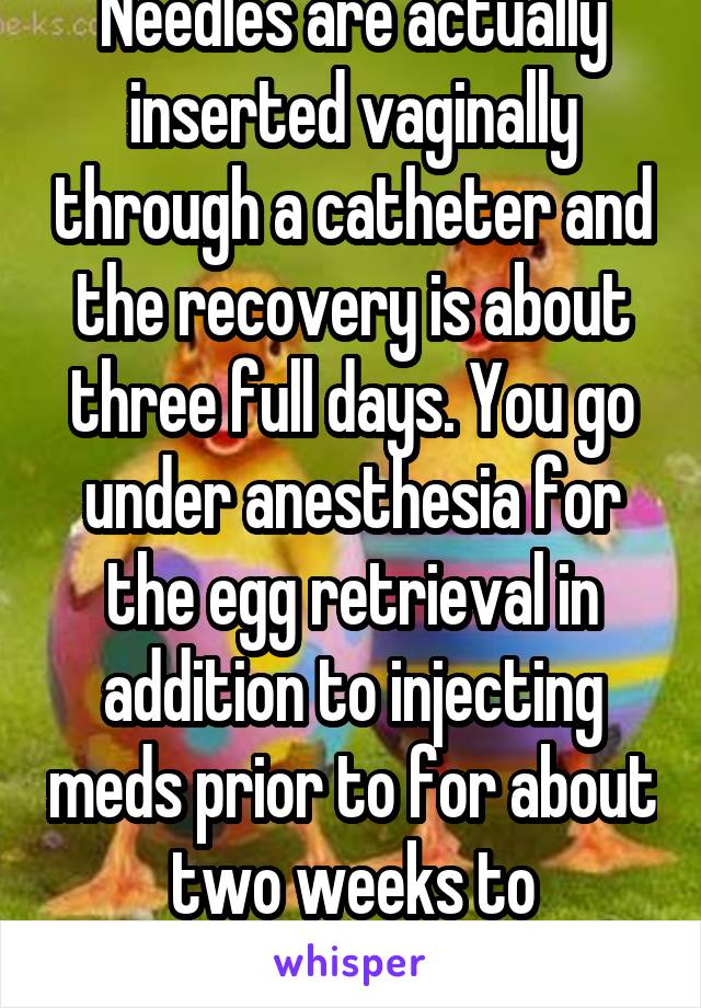 Needles are actually inserted vaginally through a catheter and the recovery is about three full days. You go under anesthesia for the egg retrieval in addition to injecting meds prior to for about two weeks to stimulate egg growth. 
