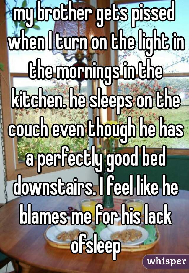my brother gets pissed when I turn on the light in the mornings in the kitchen. he sleeps on the couch even though he has a perfectly good bed downstairs. I feel like he blames me for his lack ofsleep