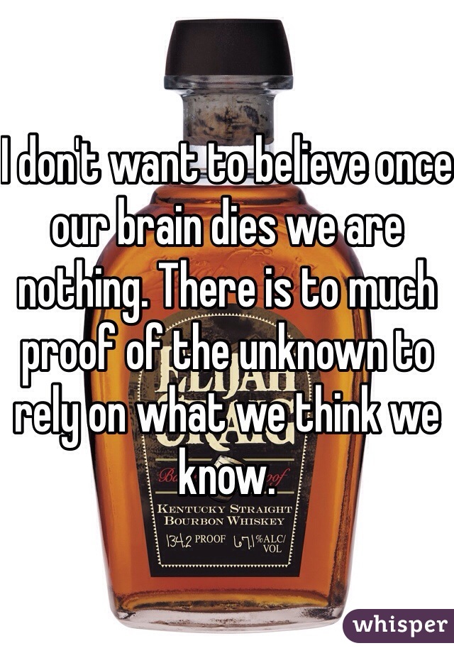 I don't want to believe once our brain dies we are nothing. There is to much proof of the unknown to rely on what we think we know.  