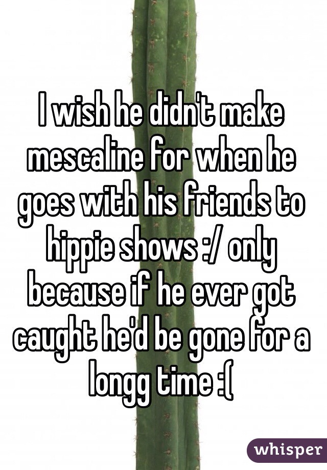 I wish he didn't make mescaline for when he goes with his friends to hippie shows :/ only because if he ever got caught he'd be gone for a longg time :(