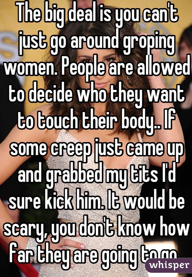 The big deal is you can't just go around groping women. People are allowed to decide who they want to touch their body.. If some creep just came up and grabbed my tits I'd sure kick him. It would be scary, you don't know how far they are going to go. 