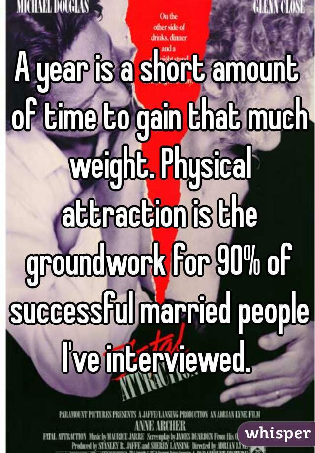 A year is a short amount of time to gain that much weight. Physical attraction is the groundwork for 90% of successful married people I've interviewed. 