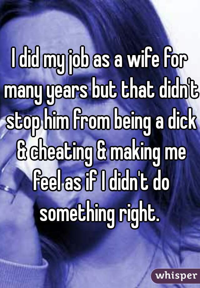 I did my job as a wife for many years but that didn't stop him from being a dick & cheating & making me feel as if I didn't do something right. 