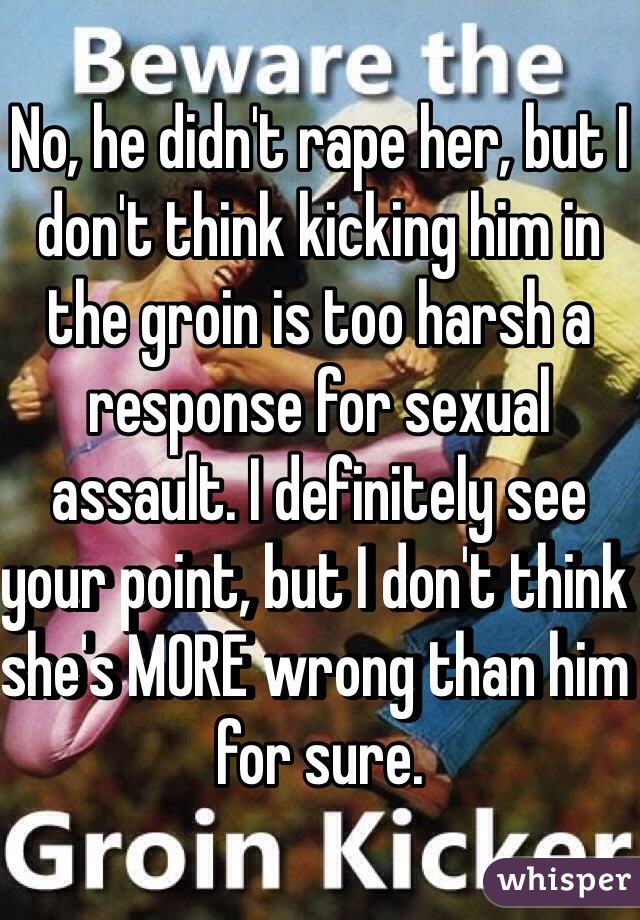 No, he didn't rape her, but I don't think kicking him in the groin is too harsh a response for sexual assault. I definitely see your point, but I don't think she's MORE wrong than him for sure.