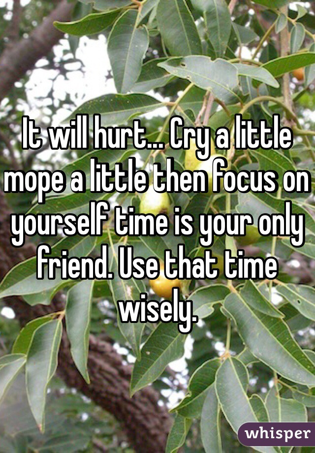 It will hurt... Cry a little mope a little then focus on yourself time is your only friend. Use that time wisely.