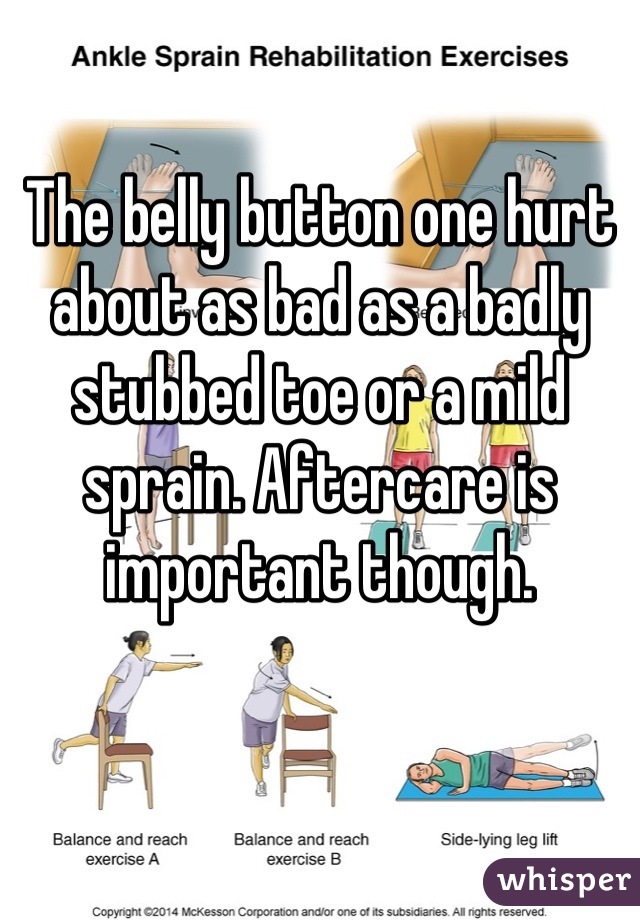 The belly button one hurt about as bad as a badly stubbed toe or a mild sprain. Aftercare is important though.