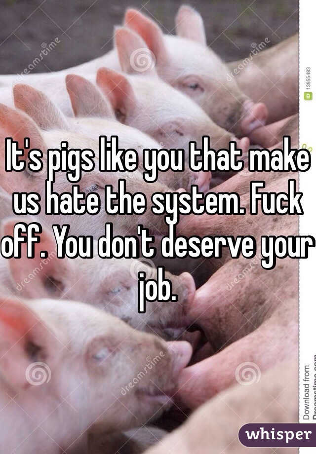 It's pigs like you that make us hate the system. Fuck off. You don't deserve your job. 