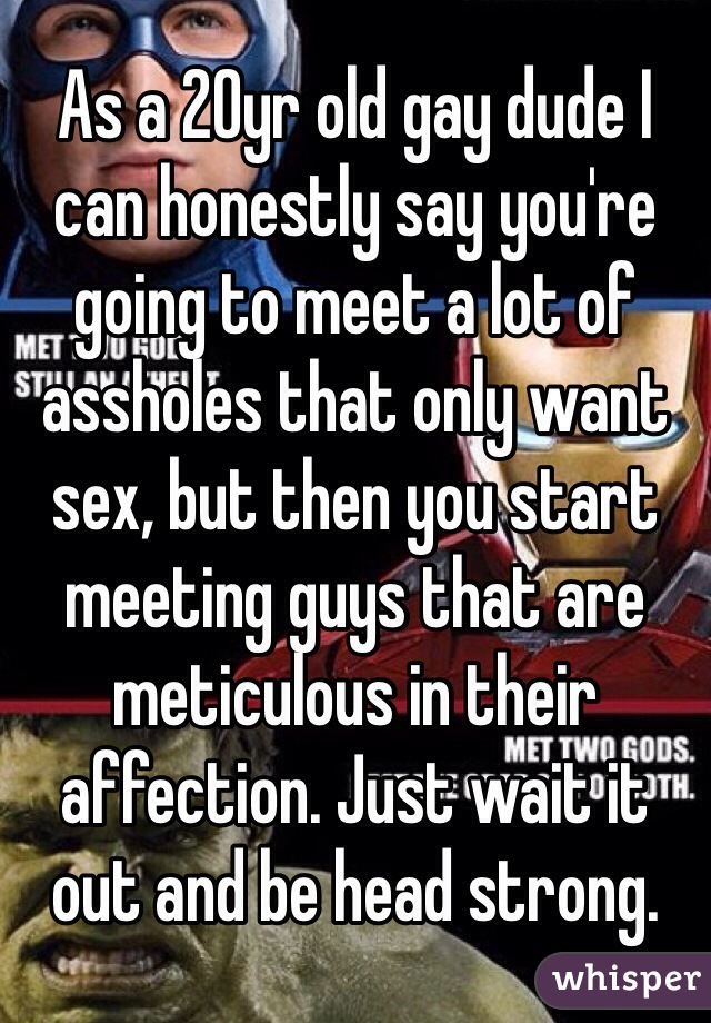As a 20yr old gay dude I can honestly say you're going to meet a lot of assholes that only want sex, but then you start meeting guys that are meticulous in their affection. Just wait it out and be head strong.