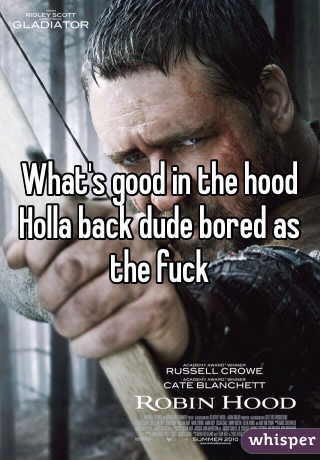 What's good in the hood  
Holla back dude bored as the fuck