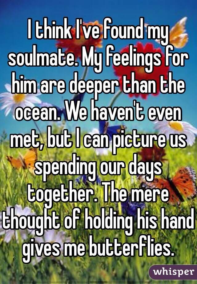 I think I've found my soulmate. My feelings for him are deeper than the ocean. We haven't even met, but I can picture us spending our days together. The mere thought of holding his hand gives me butterflies. 