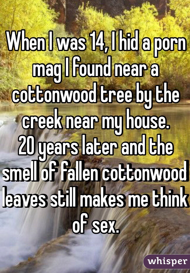 When I was 14, I hid a porn mag I found near a cottonwood tree by the creek near my house. 
20 years later and the smell of fallen cottonwood leaves still makes me think of sex. 