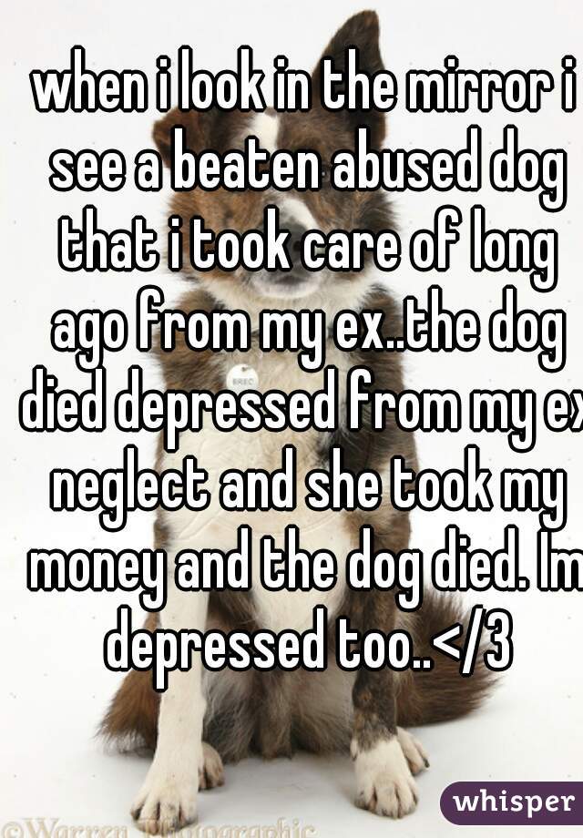 when i look in the mirror i see a beaten abused dog that i took care of long ago from my ex..the dog died depressed from my ex neglect and she took my money and the dog died. Im depressed too..</3